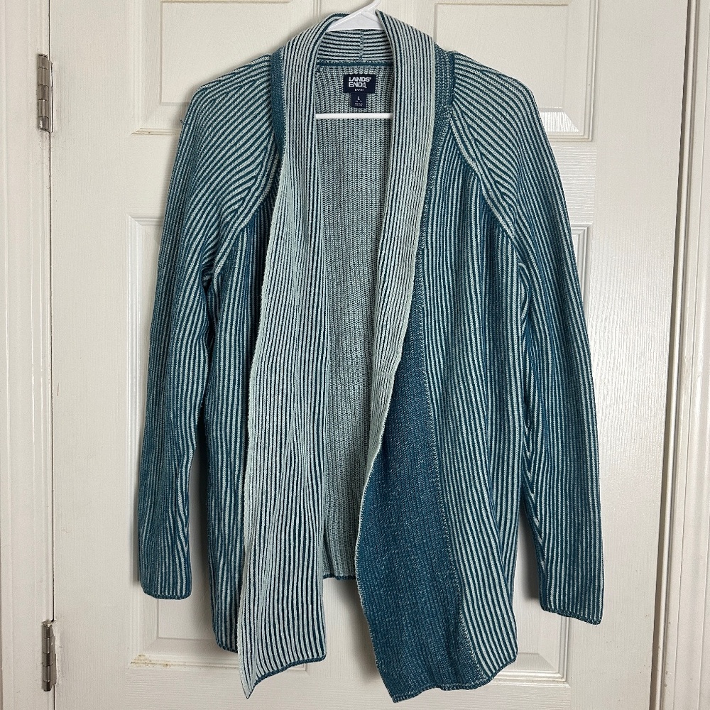 ! Lands' End Teal Cotton Drifter Shaker Open-Front Cardigan Sweater Women Size L
